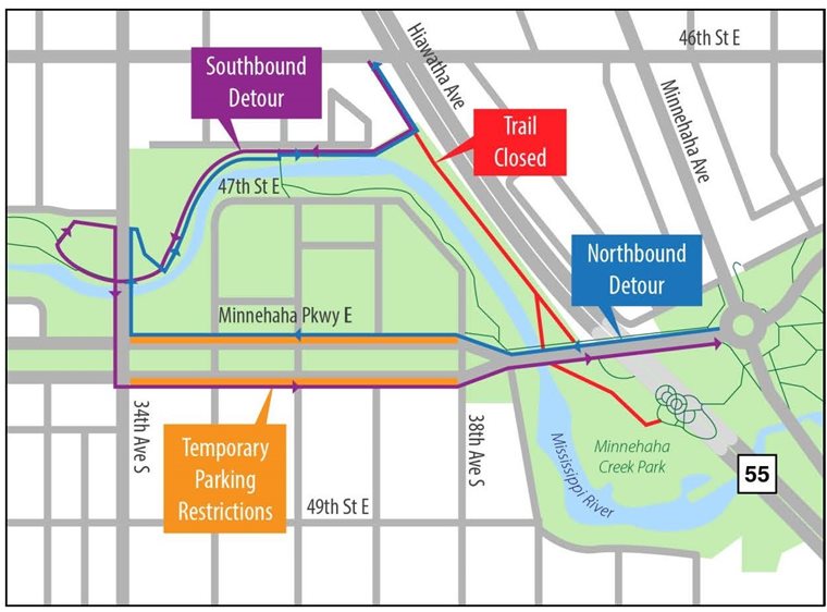 From the north, the trail detours south of 46th to the west on an existing path, south on 34th Avenue, and east on Minnehaha Parkway. Northbound route is reversed.