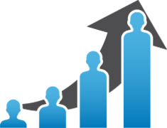 Icon graphic of a bar chart where the bars are people icons growing in size to indicate population growth