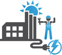 Icon graphic showing the Metro Plant, a maintenance worker, and a graphic of an electrical plug exiting the plant and plugging into an energy symbol