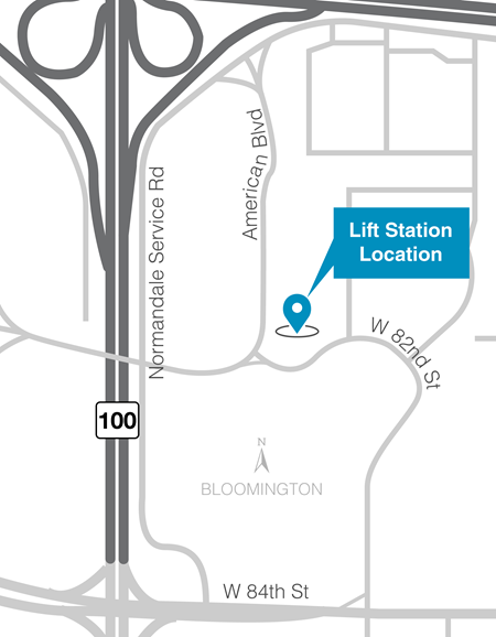 Project area map showing lift station located at the intersection of American Boulevard and West 82nd Street.
