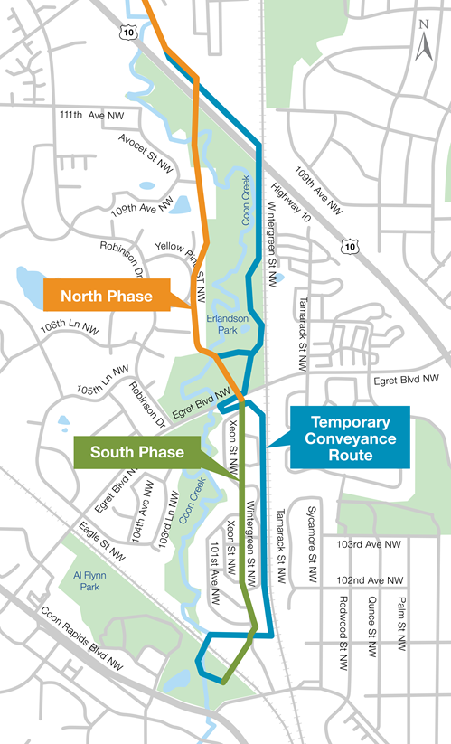 Map of project area along Wintergreen Street Northwest from just north of Coon Rapids Boulevard Northwest to north of Highway 10.  Egret Boulevard Northwest is the dividing line between the north and south project phases.  The temporary conveyance route runs along the project area, mostly east of the project.