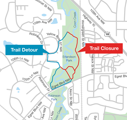 Map showing trail closure in Erlandson Park west of Wintergreen Street Northwest, and trail detour to the west of the closed trail, along Yellow Pine Street Northwest and following the roads closest to the park south to Egret Boulevard Northwest.