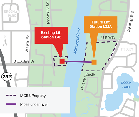 Map of Fridley L32A project showing lift stations on either side of the Mississippi River - the existing one near the west bank, and the future one on the east bank, with pipes under the river shown between them.