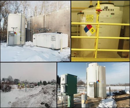 Clockwise from top left, exterior tank and control at a lift station, interior tank and control at a lift station, underground tank and control at a meter station, and aboveground tank and control at a meter station.