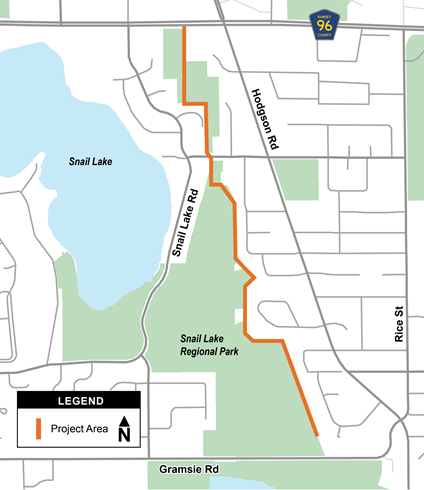 Snail Lake Sewer Rehabilitation site map. The portion of sewer that will be rehabilitated begins at Highway 96 on the east side of Snail Lake and runs southeast through Snail Lake Regional Park and ends at Gramse Road.