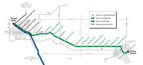Central Corridor (Green Line) route map.