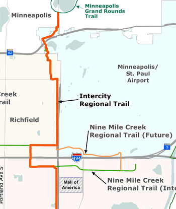 The Intercity Regional Trail will connect the Grand Rounds in Minneapolis with the Minnesota Valley National Wildlife Refuge (not shown). Map of Intercity Regional Trail.