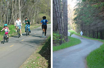 2 photos: a group biking a trail and a solidary hiker. .